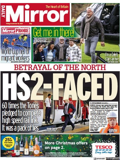 Daily Mirror Newspaper Front Page (UK) for 19 November 2021