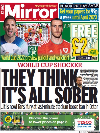 Daily Mirror Newspaper Front Page (UK) for 19 November 2022