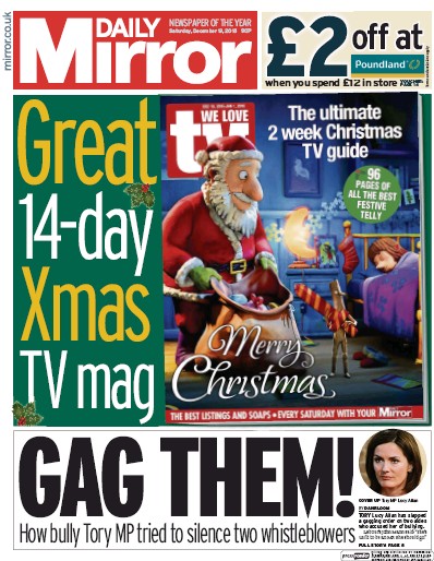 Daily Mirror Newspaper Front Page (UK) for 19 December 2015