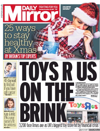 Daily Mirror Newspaper Front Page (UK) for 19 December 2017