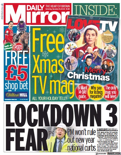 Daily Mirror Newspaper Front Page (UK) for 19 December 2020