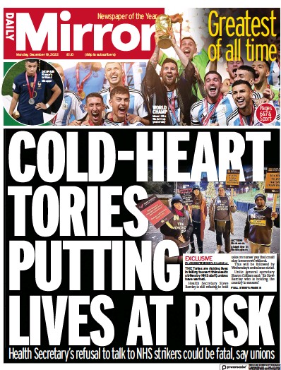 Daily Mirror Newspaper Front Page (UK) for 19 December 2022