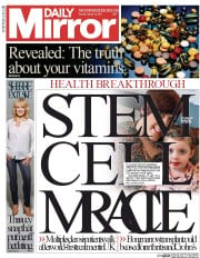 Daily Mirror (UK) Newspaper Front Page for 19 January 2016