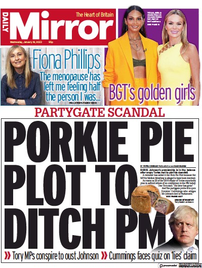 Daily Mirror Newspaper Front Page (UK) for 19 January 2022