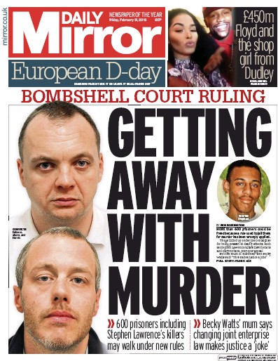 Daily Mirror Newspaper Front Page (UK) for 19 February 2016