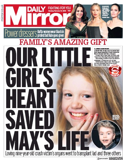 Daily Mirror Newspaper Front Page (UK) for 19 February 2018