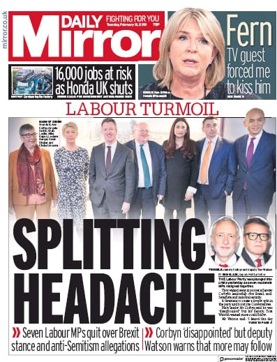 Daily Mirror Newspaper Front Page (UK) for 19 February 2019
