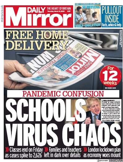 Daily Mirror Newspaper Front Page (UK) for 19 March 2020