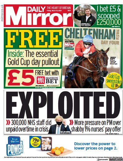 Daily Mirror Newspaper Front Page (UK) for 19 March 2021