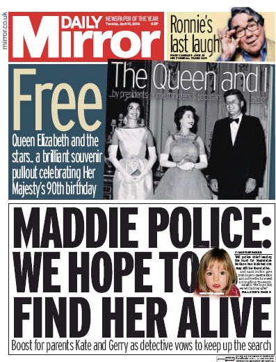 Daily Mirror Newspaper Front Page (UK) for 19 April 2016