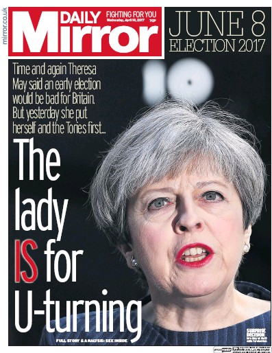 Daily Mirror Newspaper Front Page (UK) for 19 April 2017