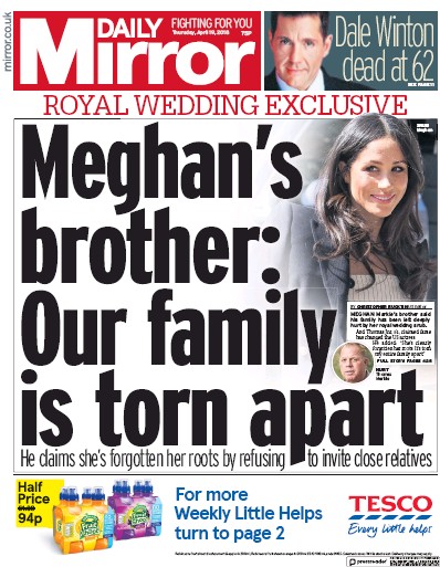 Daily Mirror Newspaper Front Page (UK) for 19 April 2018