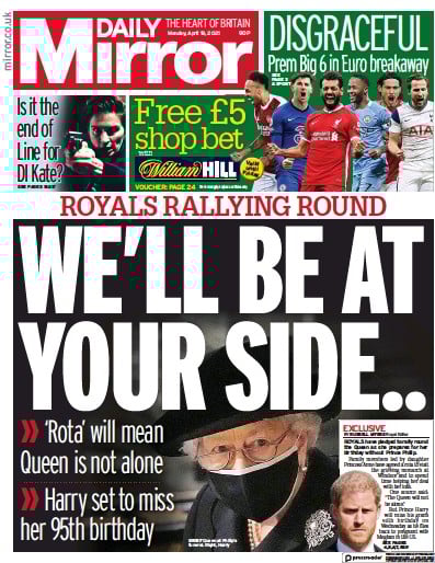 Daily Mirror Newspaper Front Page (UK) for 19 April 2021