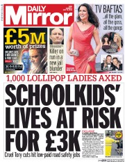 Daily Mirror Newspaper Front Page (UK) for 19 May 2014