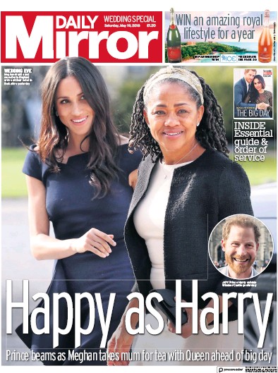 Daily Mirror Newspaper Front Page (UK) for 19 May 2018