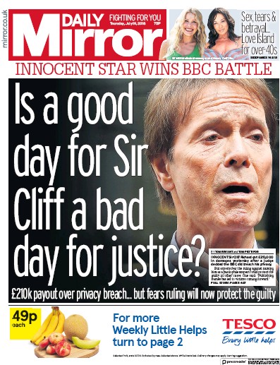 Daily Mirror Newspaper Front Page (UK) for 19 July 2018