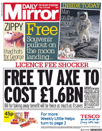 Daily Mirror Newspaper Front Page (UK) for 19 July 2019