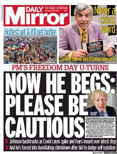 Daily Mirror Newspaper Front Page (UK) for 19 July 2021