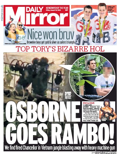 Daily Mirror Newspaper Front Page (UK) for 19 August 2016