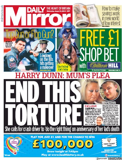 Daily Mirror Newspaper Front Page (UK) for 19 August 2020