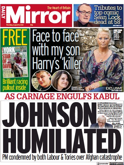 Daily Mirror Newspaper Front Page (UK) for 19 August 2021
