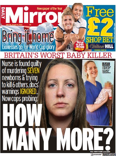 Daily Mirror Newspaper Front Page (UK) for 19 August 2023