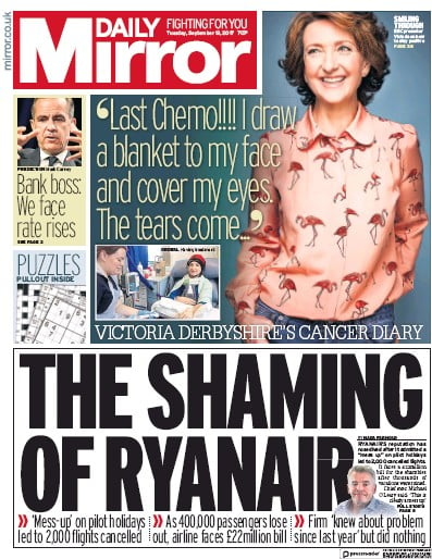 Daily Mirror Newspaper Front Page (UK) for 19 September 2017