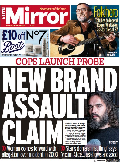 Daily Mirror Newspaper Front Page (UK) for 19 September 2023