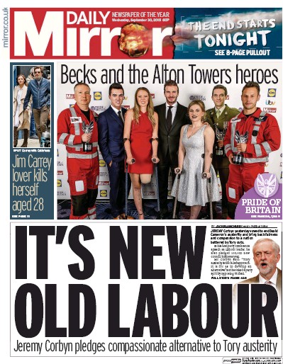 Daily Mirror Newspaper Front Page (UK) for 1 October 2015