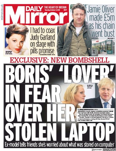 Daily Mirror Newspaper Front Page (UK) for 1 October 2019