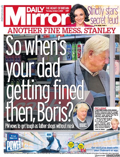 Daily Mirror Newspaper Front Page (UK) for 1 October 2020
