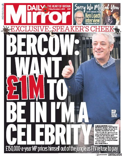 Daily Mirror Newspaper Front Page (UK) for 1 November 2019