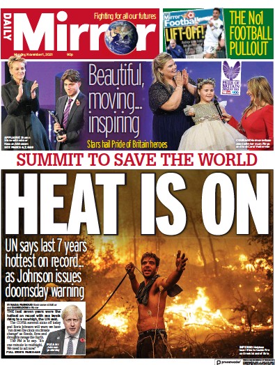 Daily Mirror Newspaper Front Page (UK) for 1 November 2021