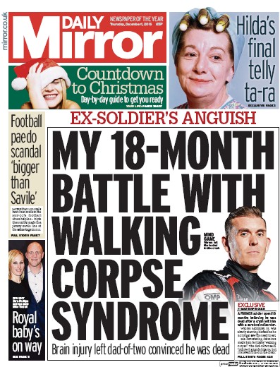 Daily Mirror Newspaper Front Page (UK) for 1 December 2016