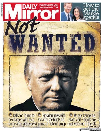 Daily Mirror Newspaper Front Page (UK) for 1 December 2017