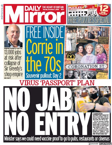 Daily Mirror Newspaper Front Page (UK) for 1 December 2020