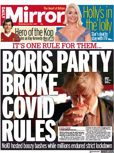 Daily Mirror Newspaper Front Page (UK) for 1 December 2021