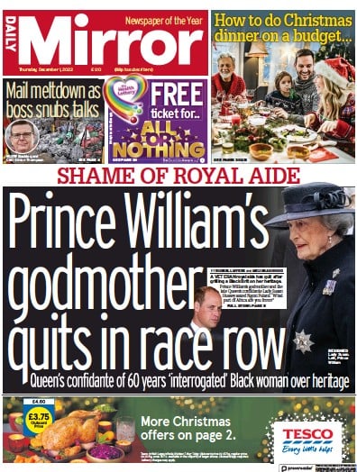 Daily Mirror Newspaper Front Page (UK) for 1 December 2022