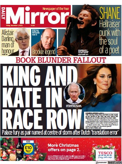 Daily Mirror Newspaper Front Page (UK) for 1 December 2023