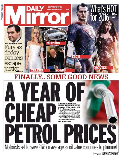 Daily Mirror Newspaper Front Page (UK) for 1 January 2016
