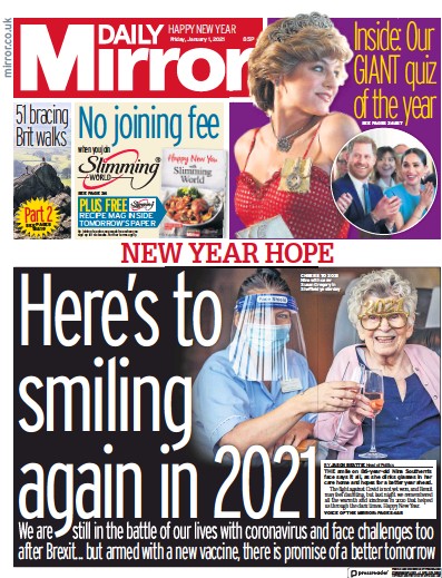 Daily Mirror Newspaper Front Page (UK) for 1 January 2021