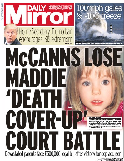 Daily Mirror Newspaper Front Page (UK) for 1 February 2017