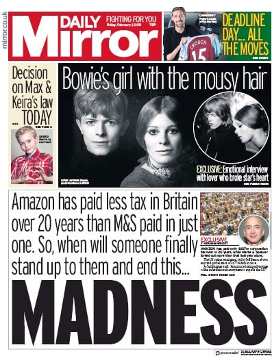 Daily Mirror Newspaper Front Page (UK) for 1 February 2019
