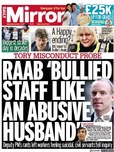 Daily Mirror Newspaper Front Page (UK) for 1 February 2023