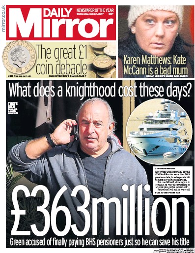 Daily Mirror Newspaper Front Page (UK) for 1 March 2017