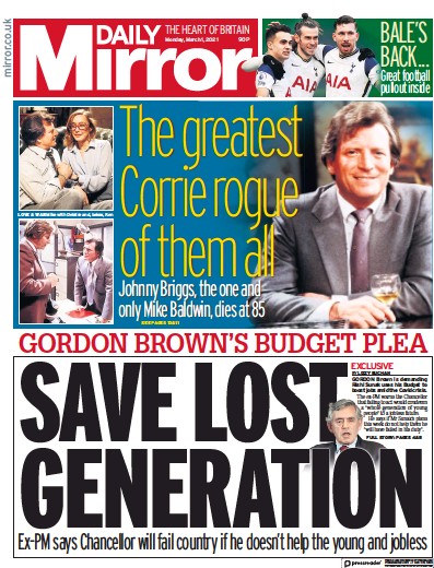Daily Mirror Newspaper Front Page (UK) for 1 March 2021