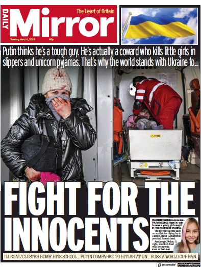 Daily Mirror Newspaper Front Page (UK) for 1 March 2022