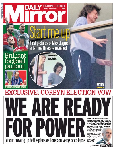 Daily Mirror Newspaper Front Page (UK) for 1 April 2019