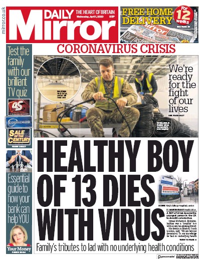 Daily Mirror Newspaper Front Page (UK) for 1 April 2020