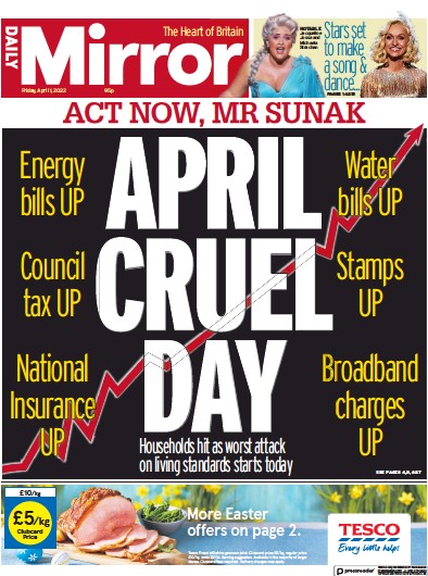 Daily Mirror Newspaper Front Page (UK) for 1 April 2022